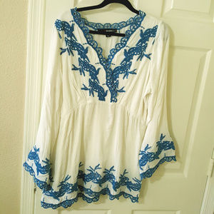 NEW White gauze peasant top with blue embroidery
